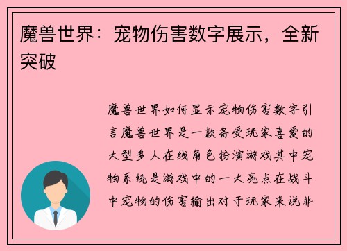魔兽世界：宠物伤害数字展示，全新突破